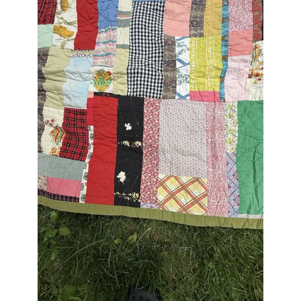Antique Vintage 1930’s CRAZY QUILT Multi-Color Feed Sack Olive Green Back